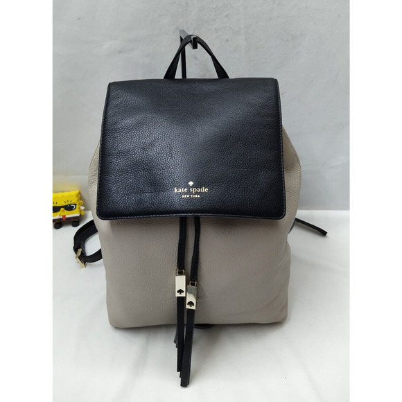 Kate Spade New York Black Gray Pebbled Laeather Flap Closure Drawstring Backpack main image 6